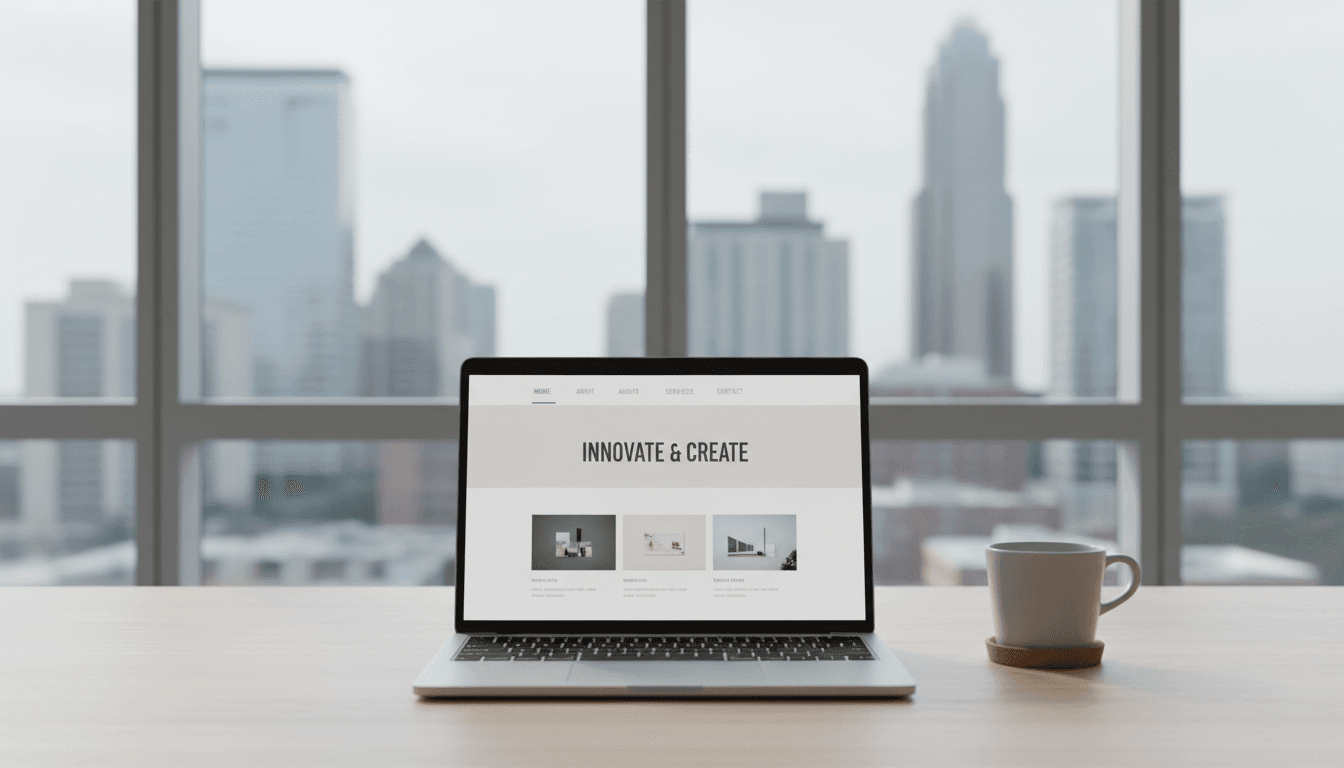 Modern laptop workspace displaying clean website design with Charlotte skyline view