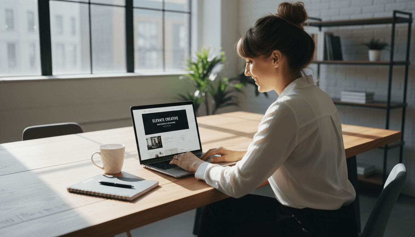 Small business owner reviewing modern website design on laptop at desk