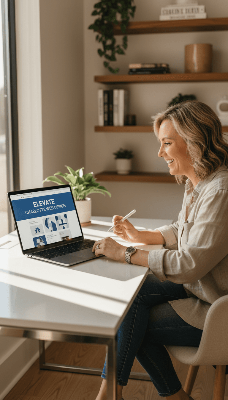 Small business owner reviewing a clean, modern website design on laptop in natural light